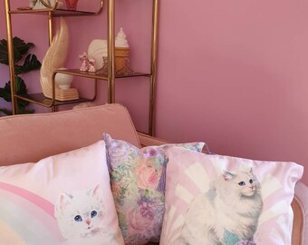 Kitsch vintage retro NEW 80s 1980s art deco rainbow cat kitten pastel flowers tassel cushion cover kawaii bedroom vinnie boy pink