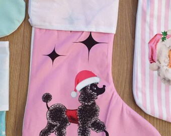Kitschmas vintage inspired christmas stocking pink reindeer retro atomic mid century tree starburst Vinnie boy Santa poodle dog puppy
