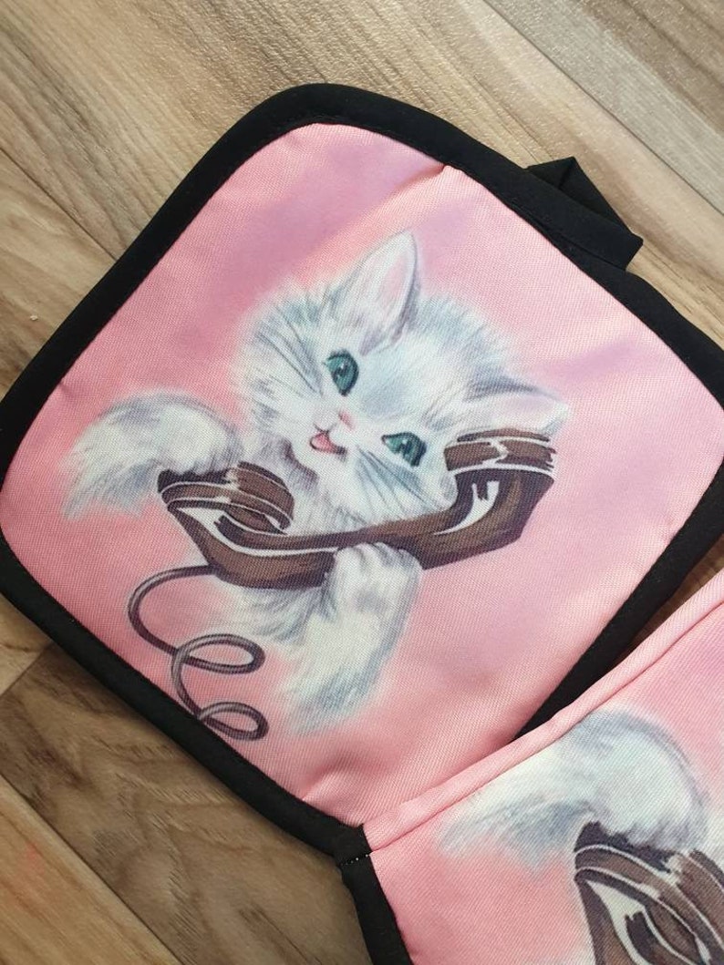 Vintage inspired cat starburst atomic kawaii pink kitten phone 1950s oven mit mitt cloth kitchen retro kitsch vinnie boy atomic retro mint image 5