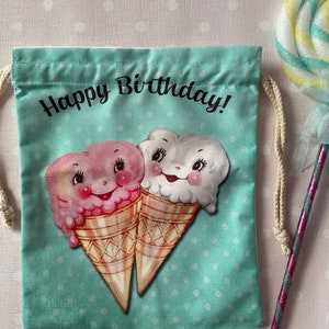 Vintage kitsch retro sustentável reutilizável cordão presente de aniversário saco menina menino 1950 pastel bonito arco-íris vinnie bolo sorvete