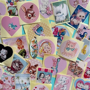 Lot de 15 stickers 6 cm vintage kitsch rétro doux animal sirène chat cerf chaton atomique Vinnie garçon scrapbooking artisanat cadeau kawaii