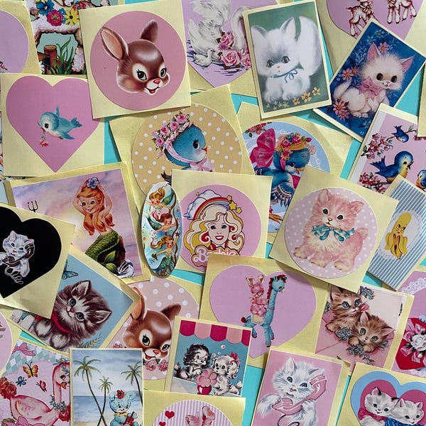 Set van 15 6 cm vintage kitsch retro lief dier zeemeermin kat hert kitten atomair Vinnie jongen scrapbooking ambachtelijk cadeau kawaii stickers efemere
