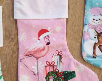 Kitschmas vintage inspired christmas stocking deer fawn pastel pink retro atomic mid century tree starburst Vinnie boy Santa flamingo