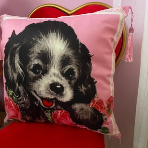 Kitsch vintage retro NEW 60s 1950s puppy dog roses tassel cushion cover kawaii bedroom vinnie boy pink image 5