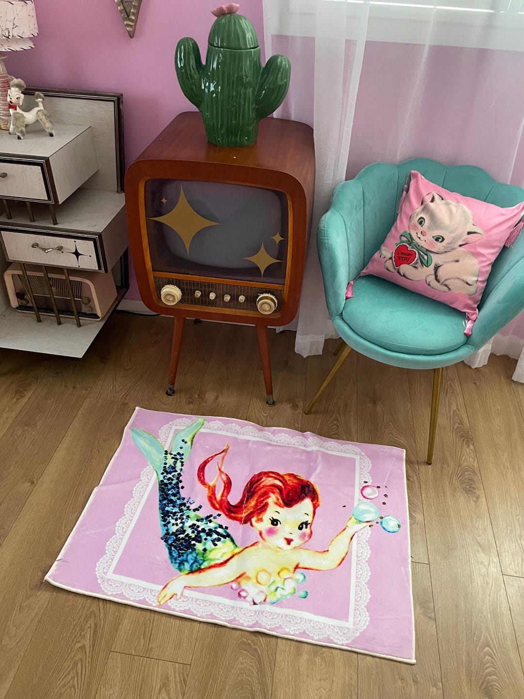 Kitsch Rugs NEW Vintage Kitsch Mcm Retro Pinup 50s Doll Mermaid Pink Shabby Mod ...