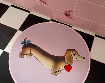 NEW Vintage kitsch mcm retro pinup 50s Doxie sausage dog Weiner dachshund rockabilly round bath mat bedroom bathroom floor rug Vinnie Boy