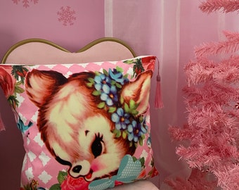 Kitsch vintage retro NEW Queen Charlotte fawn deer kawaii cushion cover pinup bedroom vinnie boy vintage pom pom trim