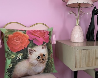 Kitsch mcm pastel vintage retro mcm NEW kitten cat flowers pink bluebird tassel cushion cover kawaii vinnie boy nursery Christmas