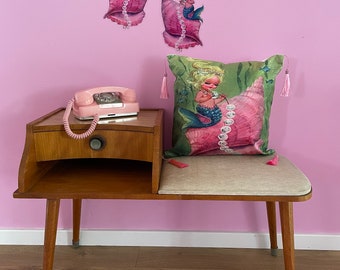 Kitsch vintage retro NEW 60s mermaid sea pink shell mid mod lefton mermaiding tassel cushion cover kawaii bedroom vinnie boy pink