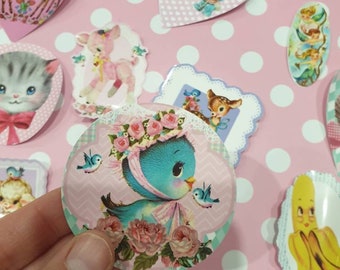 Set of 10 6cm vintage kitsch retro kitten mermaid lefton deer fawn bluebird atomic Vinnie boy scrapbooking craft gift kawaii stickers