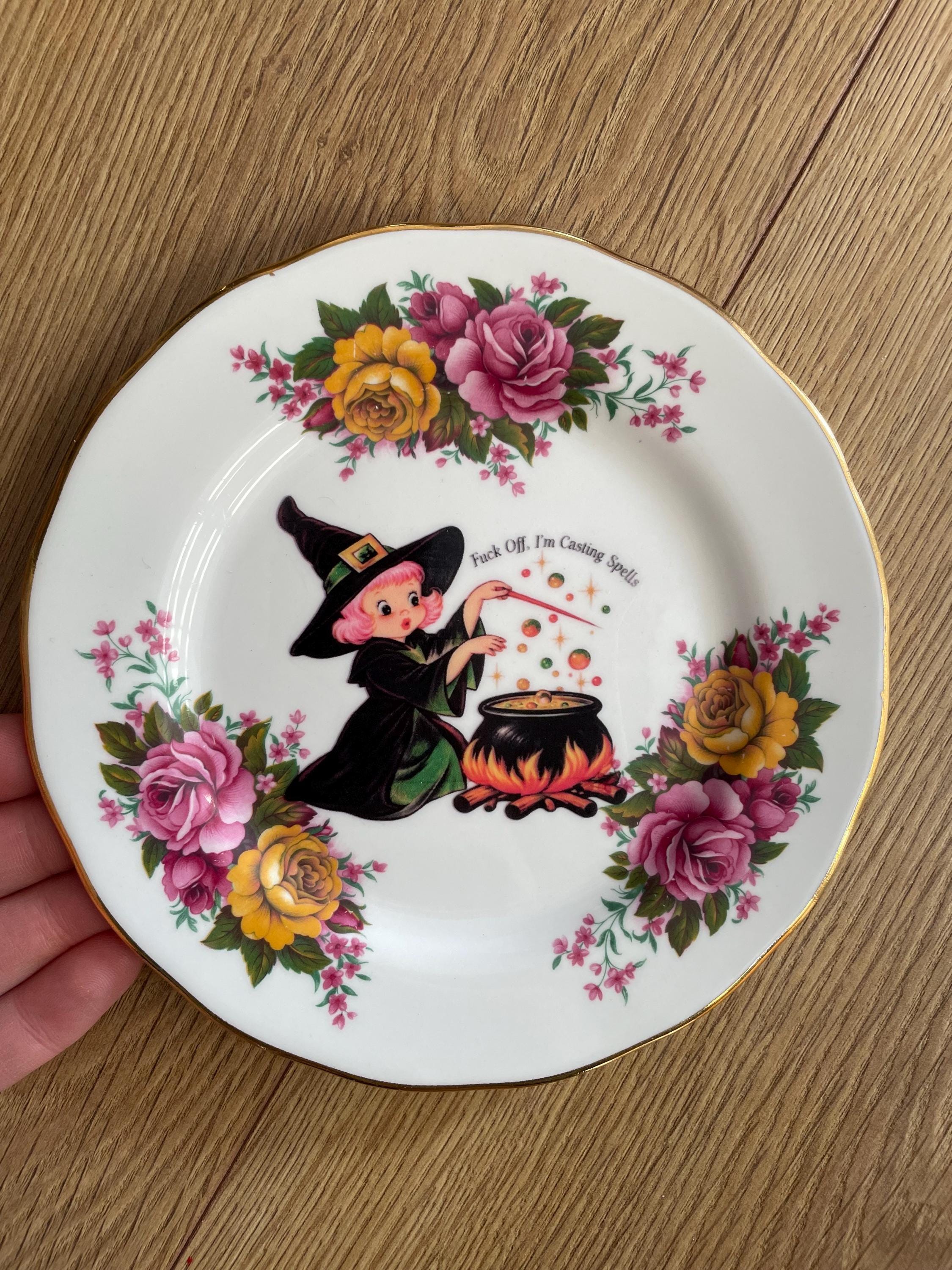 Vintage kitsch anthropomorphic sweet trinket ceramic china floral England English wall plate decor upcycled kawaii deer fawn kitten witch