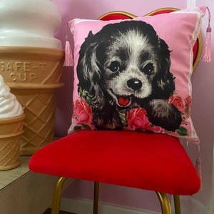 Kitsch vintage retro NEW 60s 1950s puppy dog roses tassel cushion cover kawaii bedroom vinnie boy pink image 1