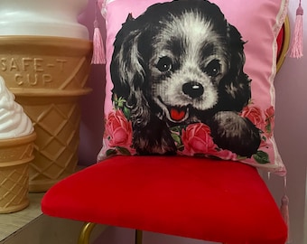 Kitsch vintage retro NEW 60s 1950s puppy dog roses tassel cushion cover kawaii bedroom vinnie boy pink