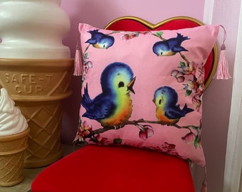 Kitsch vintage retro NEW 60s 1950s jay birds blue bird lefton bluebirds tassel cushion cover kawaii bedroom vinnie boy pink