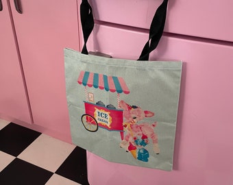 Vintage shopper market bag Deer fawn bunny  cat shopping sustainable canvas kitsch Vinnie boy retro atomic pastel rainbow icecream