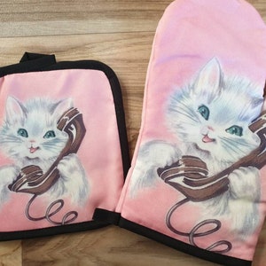 Vintage inspired cat starburst atomic kawaii pink kitten phone 1950s oven mit mitt cloth kitchen retro kitsch vinnie boy atomic retro mint image 1