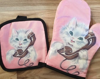 Vintage inspired cat starburst  atomic kawaii pink kitten phone 1950s oven mit mitt cloth kitchen retro kitsch vinnie boy atomic retro mint