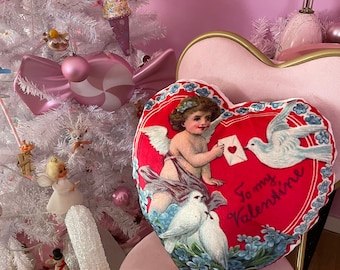 Kitsch vintage retro anthropomorphic new pillow angel cupid goth weird heart Madonna inn love atomic valentine Vinnie boy throw mod dove