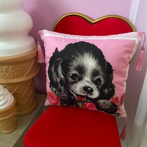 Kitsch vintage retro NEW 60s 1950s puppy dog roses tassel cushion cover kawaii bedroom vinnie boy pink image 2