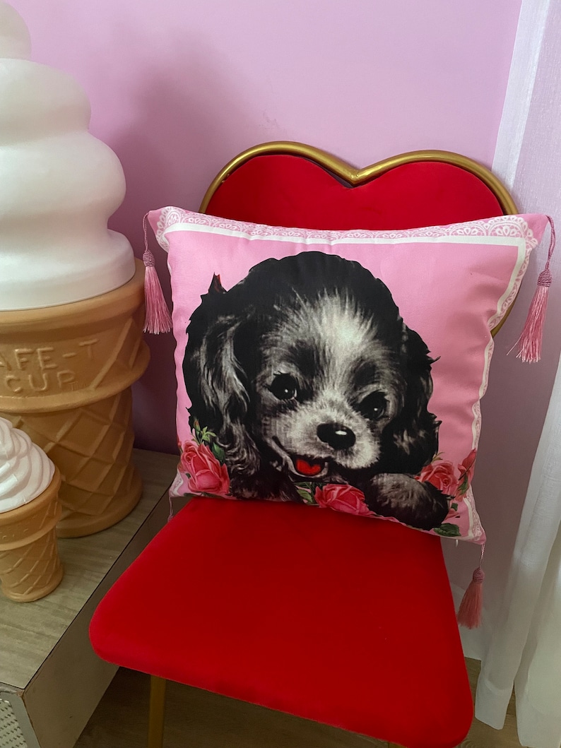 Kitsch vintage retro NEW 60s 1950s puppy dog roses tassel cushion cover kawaii bedroom vinnie boy pink image 2