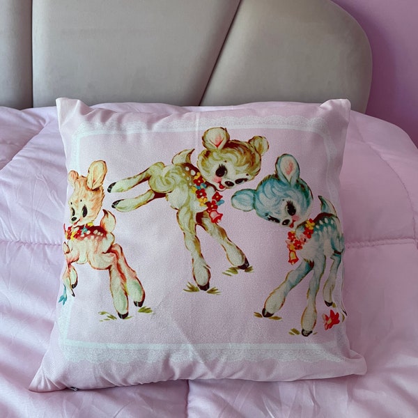Kitsch vintage retro mid century fawn flowers deer 50s 1950s pastel nursery cute cushion cover 40cm kawaii home kids girl pinup vinnie boy