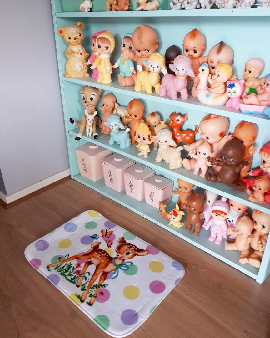 New Vintage Kitsch Retro Pastel Deer Fawn Rainbow Polka Dot Mod Bath Mat Indoor Bedroom Bathroom Floor Rug Vinnie Boy
