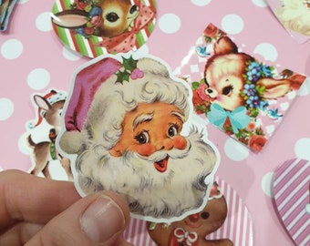 Set of 10 6cm vintage kitsch retro Christmas Kitschmas Santa reindeer kewpie atomic Vinnie boy scrapbooking craft gift kawaii stickers
