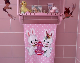 Vintage inspired atomic 50s 1950 pink polka dot bunny Easter rabbit diner towel hand cloth kitchen retro kitsch vinnie boy dish bathroom