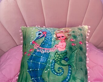 Kitsch vintage retro NEW Mermaid seashore sea shell clam kawaii cushion cover pinup bedroom vinnie boy vintage pom pom