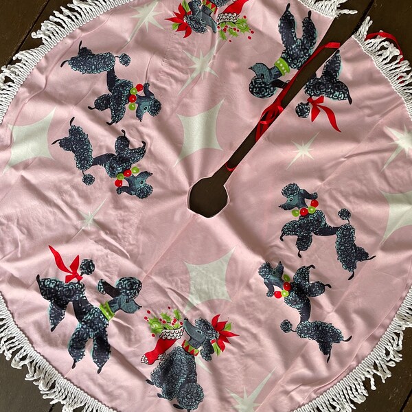 Vintage kitsch retro Poodle dog starburst atomic candyland Christmas tree skirt pastel pink mint Vinnie boy 1950s 50s kitschmas