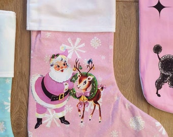 Kitschmas vintage inspired christmas stocking deer fawn pastel pink retro atomic mid century tree starburst Vinnie boy Santa