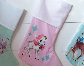 Kitschmas vintage inspired christmas stocking deer fawn pastel pink retro atomic mid century tree starburst Vinnie boy