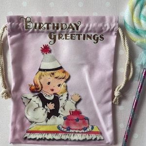 Vintage kitsch retro sustentável reutilizável cordão presente de aniversário saco menina 1950s pastel bonito arco-íris