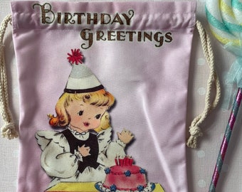 Vintage kitsch retro sustainable reusable drawstring birthday gift present bag girl 1950s pastel cute rainbow