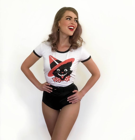 SALE Womens 'Hattie cat' Halloween tee t shirt black white ringer stretch cotton retro vintage vinnie boy kitsch kawaii pinup rockabilly 50s SALE Womens 'Hattie cat' Halloween tee t shirt black white ringer stretch cotton retro vintage vinnie boy kitsch kawaii pinup rockabilly 50s