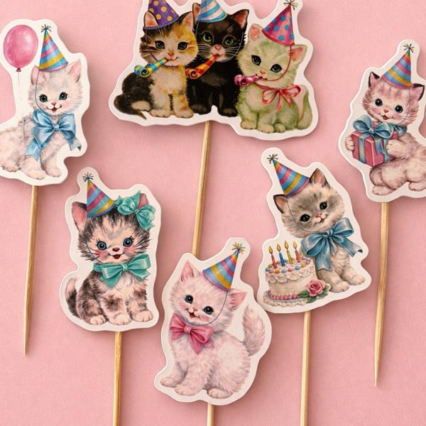 Vintage inspirierte Kätzchen Katze Party Geburtstag Cupcake Kuchen Topper Dekoration Kitsch Retro kawaii süße Pastell