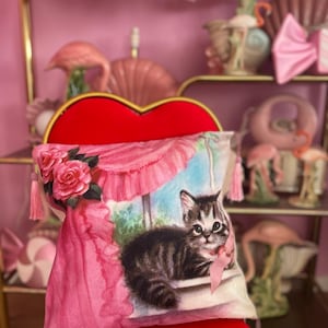Kitsch vintage retro NEW 80s kitten cat lover decor kitschy tassel cushion cover kawaii bedroom vinnie boy pink