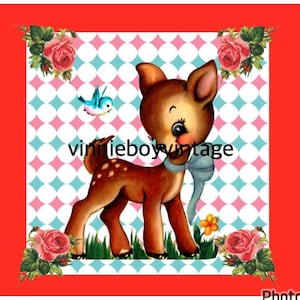 Vintage veado fulvo Natal berçário artesanato caderno scrapbook baixar arquivo de impressão digital kitsch Vinnie menino gato pastel retro cartão de felicitações