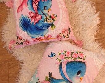 Kitsch vintage retro NEW 60s bluebird jay bird sweet pink lefton pastel flowers tassel cushion cover kawaii bedroom vinnie boy pink
