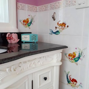 Pegatinas de pared Kitsch vintage retro Trio Mermaid, calcomanías para el hogar, habitación, chica, pin-up, dormitorio, Vinnie Boy, baño, extraíbles, Lefton, Norcrest