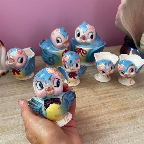 Retro vintage Japan Bluebird jug milk pepper jar biscuit tea set kawaii kitsch 60s salt Vinnie Boy decor 1950s lefton Japanese sugar egg