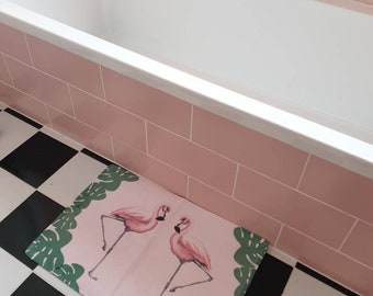 NEW Vintage kitsch retro style pink flamingo tropical leaf green shabby chic mod bath mat indoor bedroom bathroom floor rug Vinnie Boy