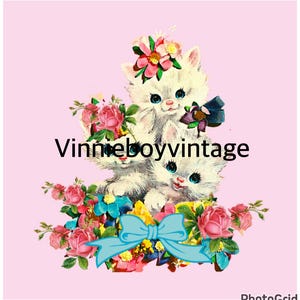 Vintage gatinho gato bonito rosa berçário artesanato caderno scrapbook baixar arquivo de impressão digital kitsch Vinnie menino gato pastel retro cartão de felicitações
