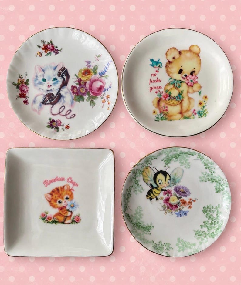 Random Plate Text Retro Bluebird Floral Affirmation Sweary Lover Kawaii Ceramic Trinket ...