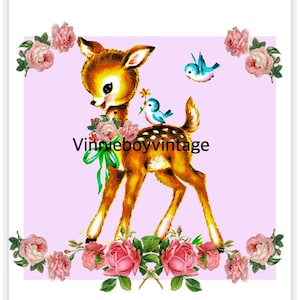 Vintage veado fulvo bonito rosa berçário artesanato caderno scrapbook baixar arquivo de impressão digital kitsch Vinnie menino gato pastel retro cartão de felicitações
