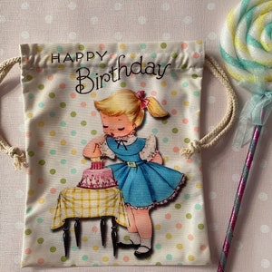 Vintage kitsch retro sustentável reutilizável cordão presente de aniversário saco menina menino 1950s pastel bonito arco-íris vinnie bolo