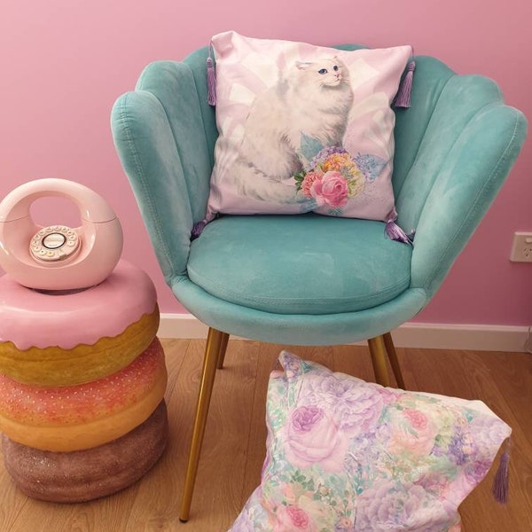 Kitsch vintage retro NEW cat 80s 1980s art deco kitten pastel tassel cushion cover kawaii bedroom vinnie boy pink