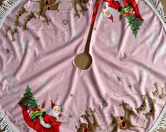 Vintage kitsch retro Santa sleigh Reindeer deer candyland Christmas tree skirt pastel pink red Vinnie boy 1950s 50s kitschmas