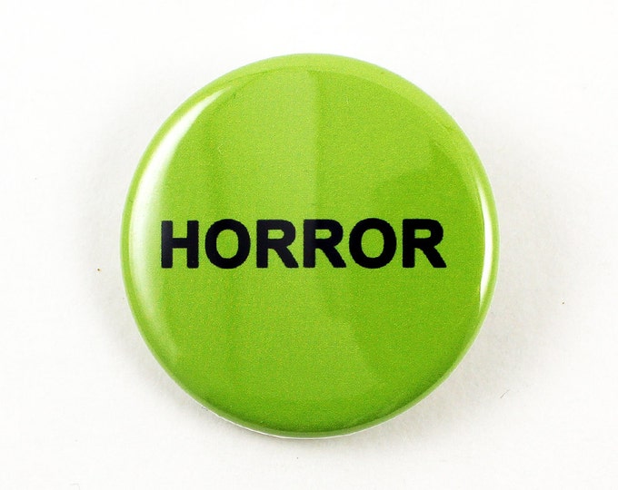 Horror Sticker | 1 1/4 Inch pinback button | Iconic VHS rental sticker