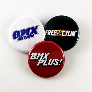 Old School BMX Magazine Logos | Pinback Buttons 80&#39;s Freestylin Bmx Action Rad